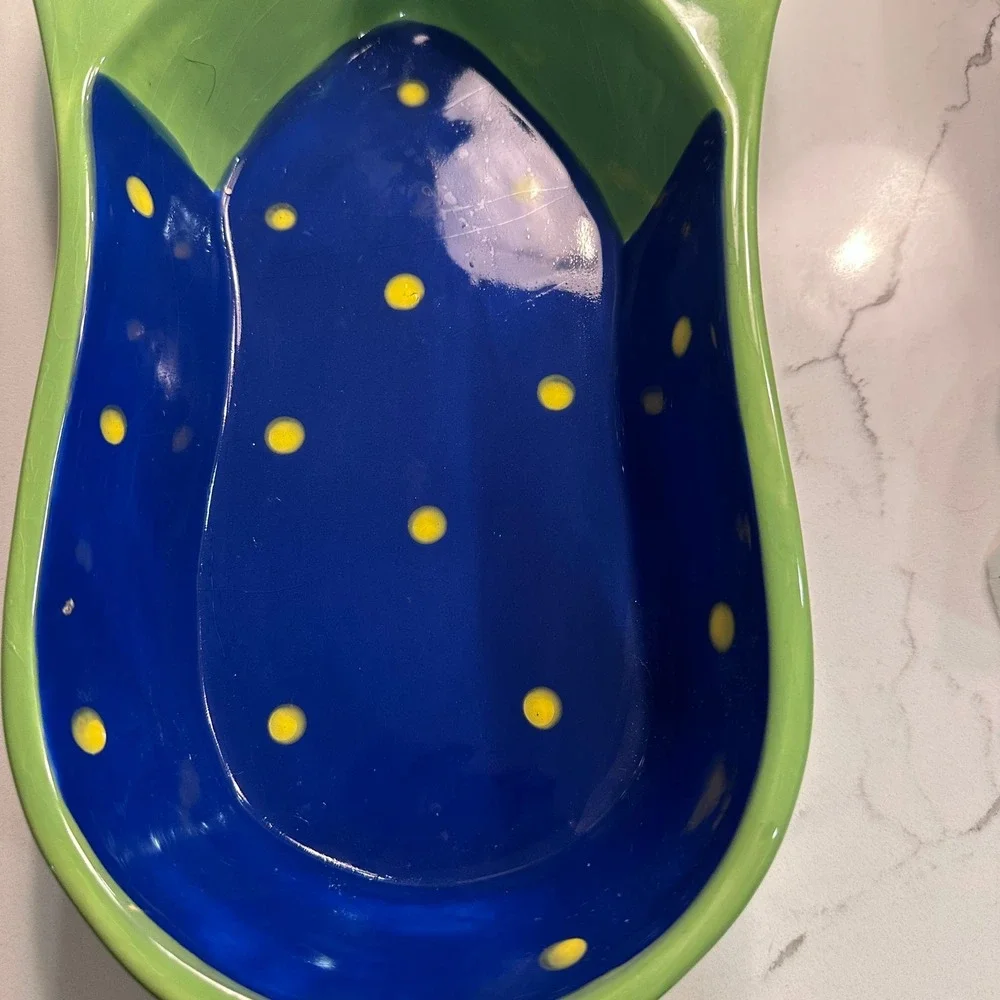 Denniseast Ceramic Flip Flop‎ Divided Serving Dish Blue Yellow Dots Green